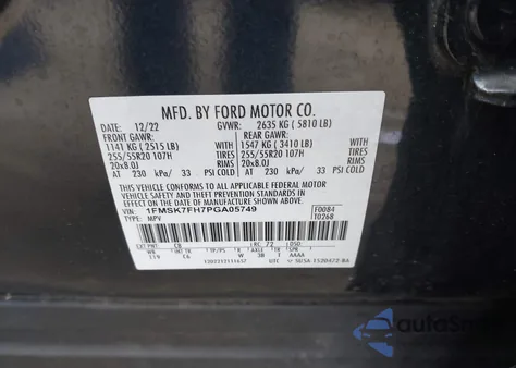 2023 Ford Explorer Limited z USA, uszkodzony, nr VIN 1FMSK7FH7PGA05749